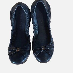 Louis Vuitton Black Scrunch Perforated LV Charm Bow Ballet Flats Size 37.5